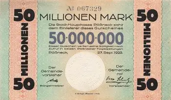 Pößneck 50 Millionen Mark Gutschein 1923 Notgeld