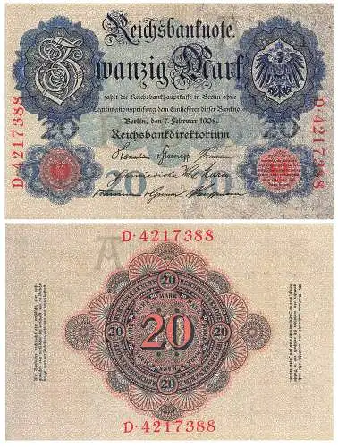 20 Mark Reichsbanknote 7. Februar 1908 RO31 DEU-29 Kassenfrisch