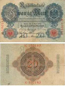 20 Mark Reichsbanknote 21. April 1910 RO40a DEU-37a