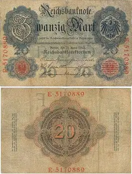 20 Mark Reichsbanknote 21. April 1910 RO40b DEU-37b