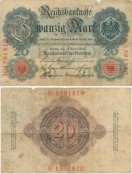 20 Mark Reichsbanknote 21. April 1910 RO41 DEU-37b