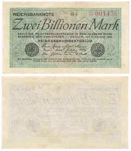 Zwei Billionen Mark Reichsbanknote 1923 Wasserzeichen Hakensterne RO132