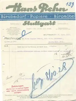 Stuttgart Bürobedarf Hans Rehn Stiftsstrasse 5 Briefkopf 1928