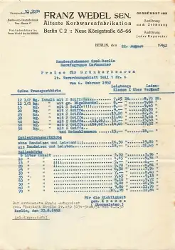 Berlin Korbmacher Franz Wedel Preisliste für Grünkorbwaren 1952