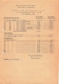 Berlin Korbmacher Handwerkskammer Preisliste für Grünkorbwaren 1952