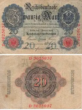 20 Mark Reichsbanknote 7. Februar 1908 RO31 DEU-29