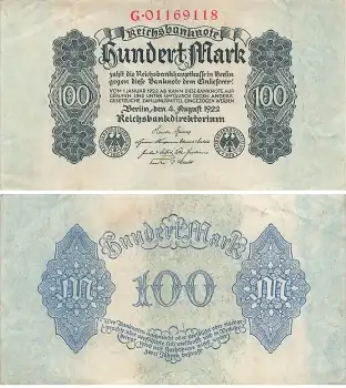 100 Mark Reichsbanknote 4. August 1922 RO72 DEU-83