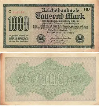 1000 Mark Reichsbanknote 15. September 1922 RO75f DEU-84f