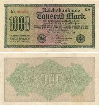 1000 Mark Reichsbanknote 15. September 1922 RO75j DEU-84j