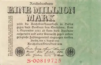 Eine Million Mark Reichsbanknote 9. August 1923 RO100 DEU-113