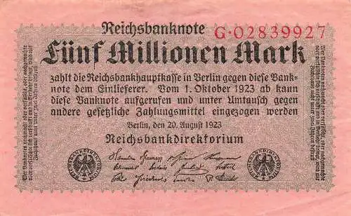 Fünf Million Mark Reichsbanknote 20. August 1923 RO104a DEU-117a