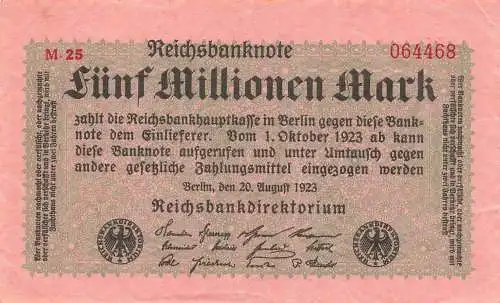 Fünf Million Mark Reichsbanknote 20. August 1923 RO104b DEU-117b