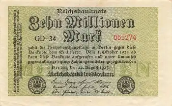 Zehn Million Mark Reichsbanknote 22. August 1923 RO105g DEU-118g