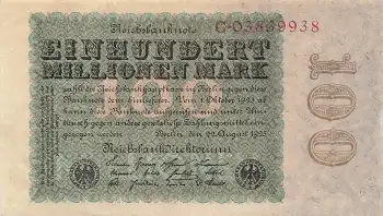 Einhundert Million Mark Reichsbanknote 22. August 1923 RO106a DEU-119a