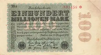 Einhundert Million Mark Reichsbanknote 22. August 1923 RO106f DEU-120f