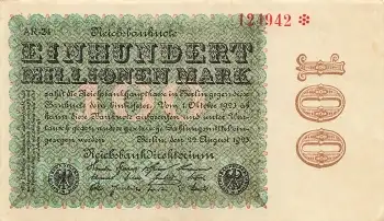 Einhundert Million Mark Reichsbanknote 22. August 1923 RO106n DEU-120n