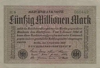 Fünfzig Million Mark Reichsbanknote 1. September 1923 RO108b DEU-122b