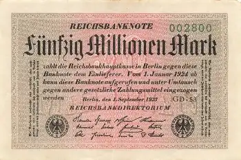 Fünfzig Million Mark Reichsbanknote 1. September 1923 RO108e DEU-122d