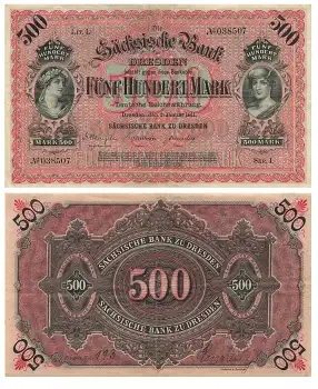 Sächsische Bank zu Dresden Fünf Hundert Mark 2. Januar 1911 RO747a SAX-9a