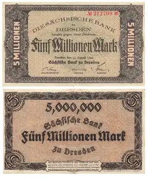 Sächsische Bank zu Dresden Fünf Millionen Mark 12. August 1923 RO755 SAX-14