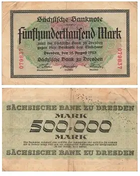 Sächsische Banknote Fünfhunderttausend Mark 15. August 1923 RO756 SAX-18