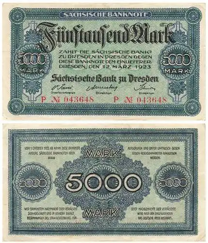 Sächsische Banknote Fünftausend Mark 12. März 1923 RO752 SAX-14