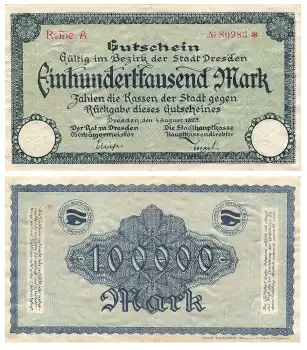 Einhunderttausend Mark Gutschein Stadt Dresden 4. August 1923