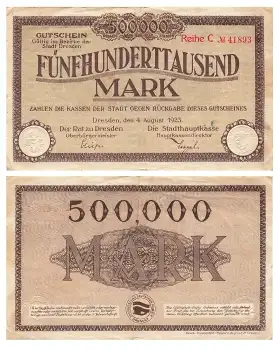 Fünfhunderttausend Mark Gutschein Stadt Dresden 4. August 1923