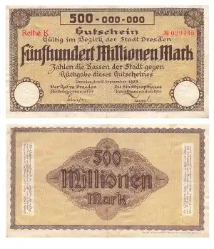 Fünfhundert Millionen Mark Gutschein Stadt Dresden 12. September 1923