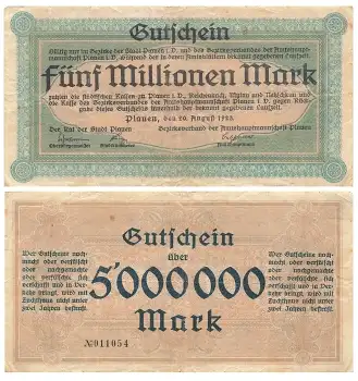 Fünf Millionen Mark Gutschein Stadt Plauen im Vogtland 20. August 1923