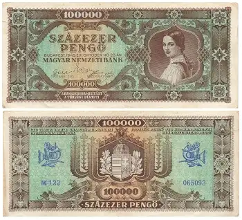 Szazezer Pengö 100000 Magyar Nemzeti Bank Geldschein Ungarn 1945