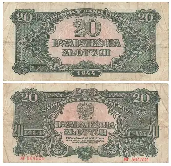 Polen 20 Zlotych Narodowy Bank Polski  1944