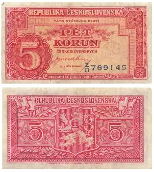 Ceskoslovenskych 5 Pet Korun 1945 Banknote