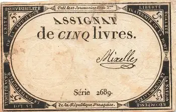 Frankreich Assignat de cinq Livres (5 Livres) 1793 Banknote