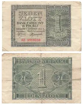 Generalgouvernement Polen 1 Jeden Zloty 1941 Banknote RO579 ZWK-34