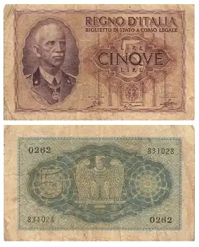Italien 5 Cinque Lire 1939 Banknote
