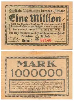 Dresden Eine Million Gutschein 14. August 1923 Notgeld