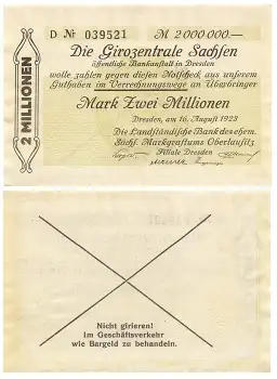 Dresden Girozentrale Sachsen Zwei Millionen Mark 16. August 1923 Notgeld