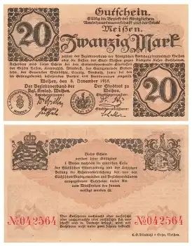 Meißen Zwanzig Mark Gutschein 8 November 1918 Notgeld