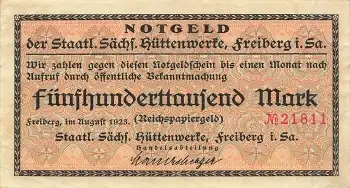 Freiberg Sächsische Hüttenwerke Fünfhunderttausend Mark August 1923 Notgeld