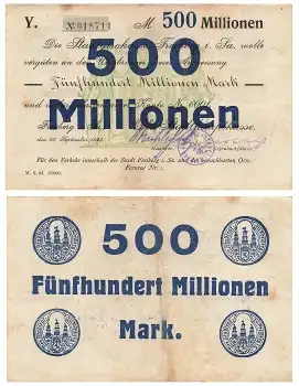 Freiberg Sachsen Stadtgirokasse 500 Millionen Mark 29. September 1923 Notgeld