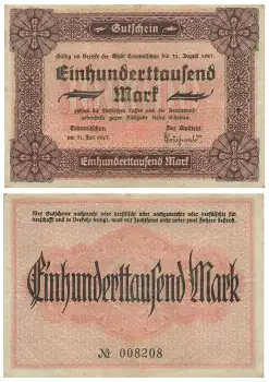 Crimmitschau Einhunderttausend Mark Gutschein 31. Juli 1923 Notgeld