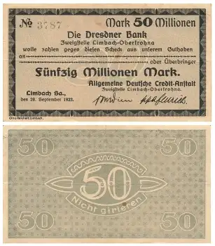 Limbach-Oberfrohna Fünfzig Millionen Mark Dresdner Bank 28. September 1923 Notgeld