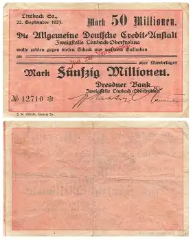 Limbach-Oberfrohna Fünfzig Millionen Mark Deutsche Creit Anstalt 22. September 1923 Notgeld