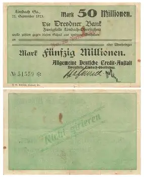 Limbach Fünfzig Millionen Mark Dresdner Bank 22. September 1923 Notgeld