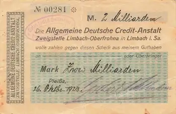 Pleißa 2 Milliarden Mark Deutsche Credit Anstalt Scheck 26. Oktober 1923 Notgeld