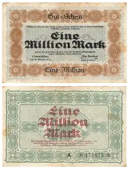 Crimmitschau Eine Million Mark Gutschein 18. August 1923 Notgeld