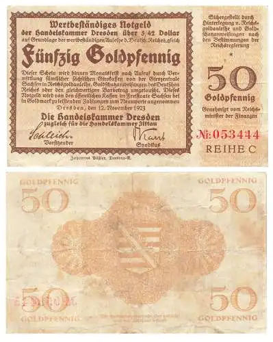 Dresden Fünfzig Goldpfennig über 5/42 Dollar 1923 Wertbeständiges Notgeld