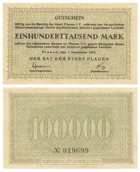 Plauen Vogtland Einhunderttausend Mark Gutschein 7. September 1923 Notgeld