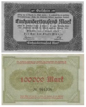 Plauen Vogtland Einhunderttausend Mark Gutschein 1. August 1923 Notgeld